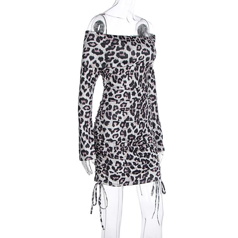 Long sleeve leopard print off shoulder ruched mini dress
