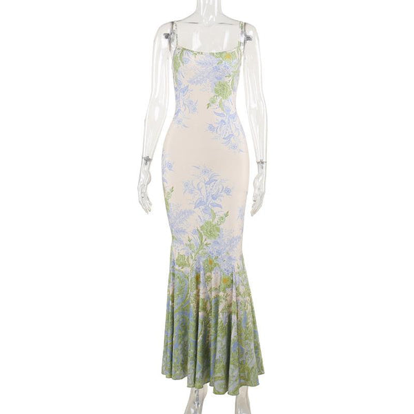 Robe longue camisole contrastée à imprimé floral et col en U 