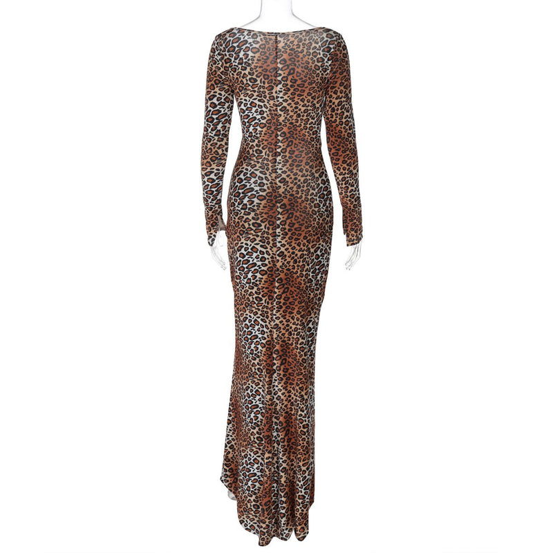 Long sleeve leopard print hollow out u neck maxi dress