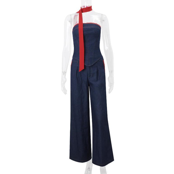 Haut tube en jean avec ourlet en dentelle et corset à lacets 