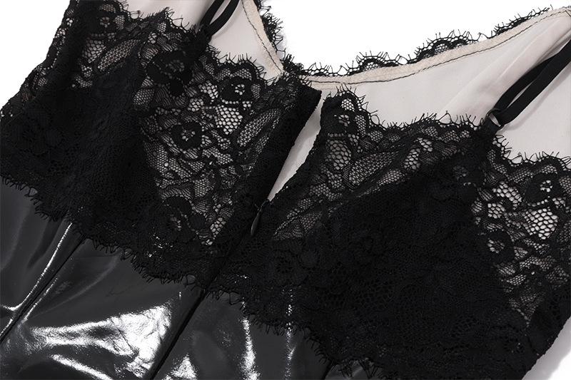 Mini-robe zippée en cuir PU avec ourlet en dentelle et col en V 