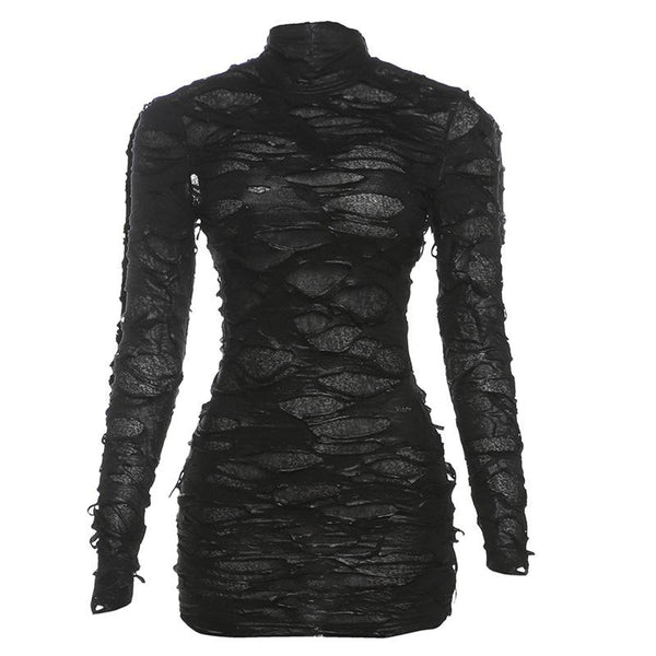 Robe mini transparente à manches longues et col haut 