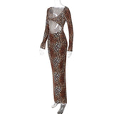 Long sleeve leopard print hollow out u neck maxi dress