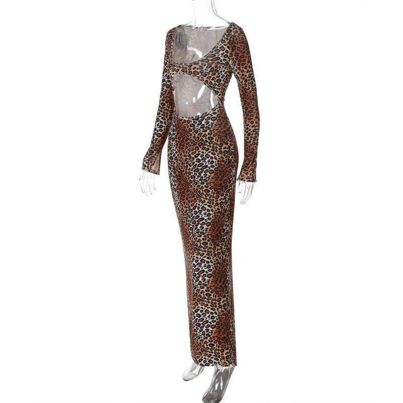 Long sleeve leopard print hollow out u neck maxi dress