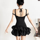 Halter self tie hollow out ruched solid mini dress