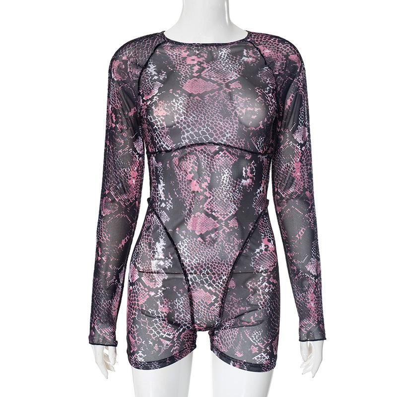 Mono de manga larga con estampado de piel de serpiente y malla transparente 