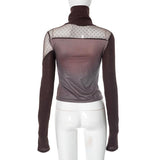 Long sleeve hollow out high neck button print top
