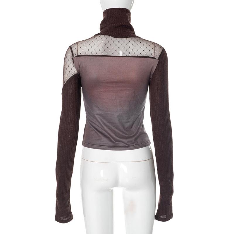 Long sleeve hollow out high neck button print top