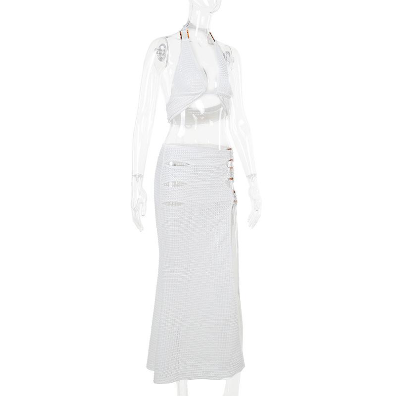Conjunto de falda midi irregular con cuello halter, abertura y lazo 