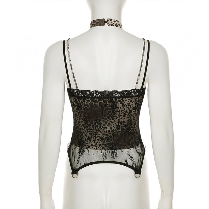 Top camisola sin espalda con estampado de leopardo, cuello en V y dobladillo de encaje 