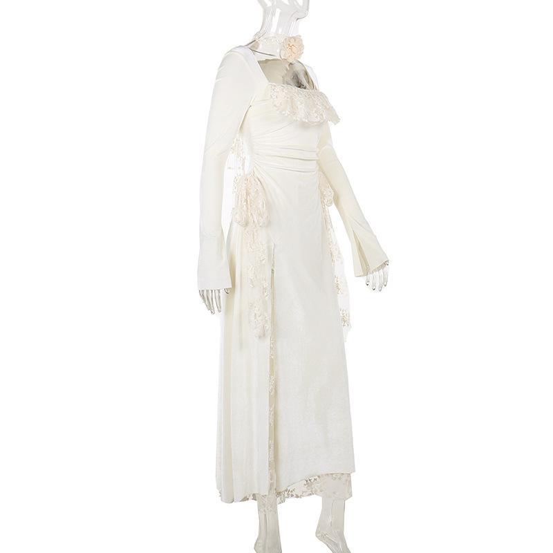 Vestido largo fruncido de encaje con escote cuadrado y abertura de manga larga 