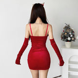 Ruched gloves velvet v neck lace hem mini dress