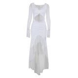Robe longue en maille à volants et manches longues ajourées 