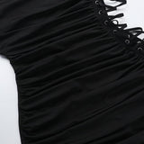 Square neck lace up ruched hollow out midi dress