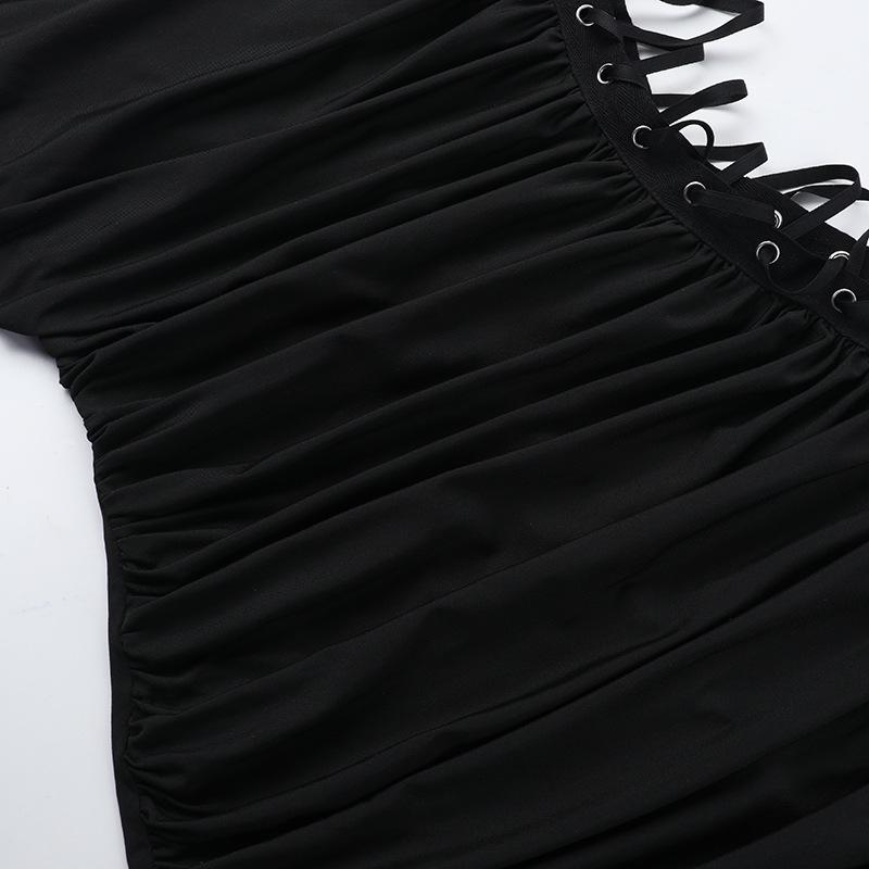 Square neck lace up ruched hollow out midi dress