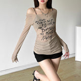 Long sleeve round neck letter print ruched top