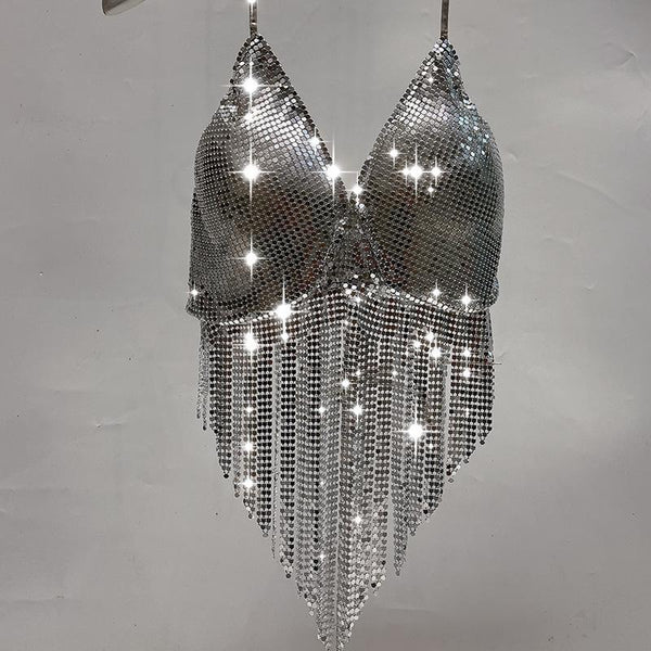 Haut à paillettes avec col en V et pompons à nouer soi-même 