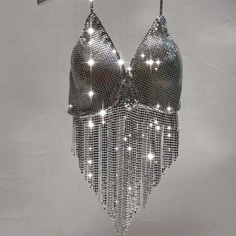 Haut à paillettes avec col en V et pompons à nouer soi-même 