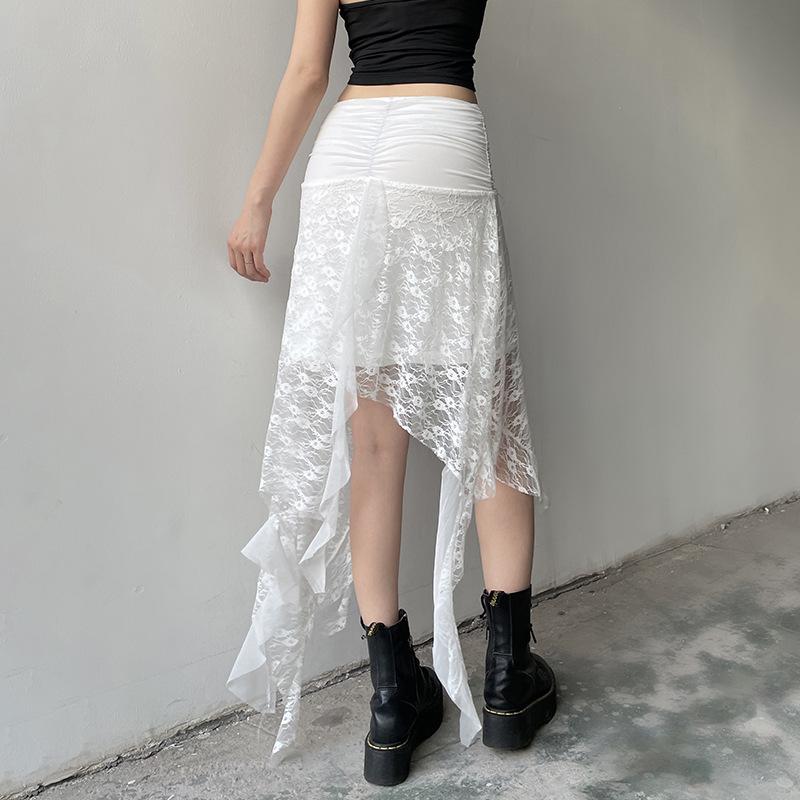 Falda midi lisa con lazo irregular y encaje fruncido 