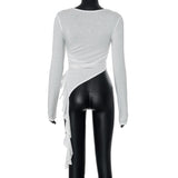 Long sleeve ruched irregular ruffle crewneck top