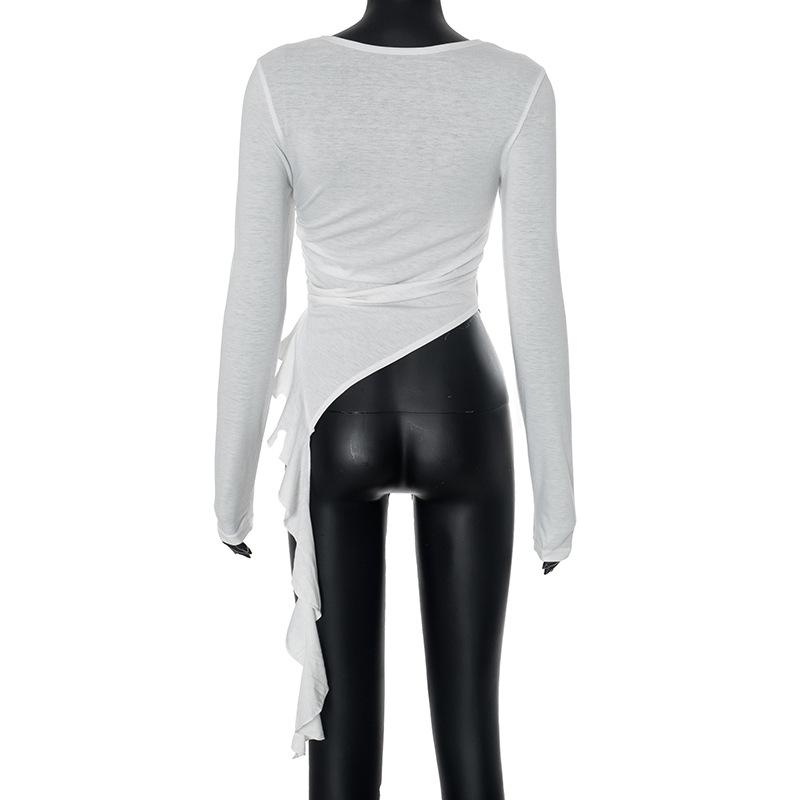 Long sleeve ruched irregular ruffle crewneck top