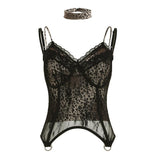 Top camisola sin espalda con estampado de leopardo, cuello en V y dobladillo de encaje 