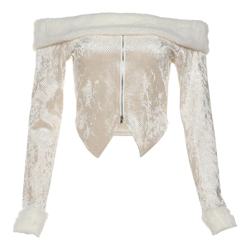 Off shoulder long sleeve fluffy zip-up solid top