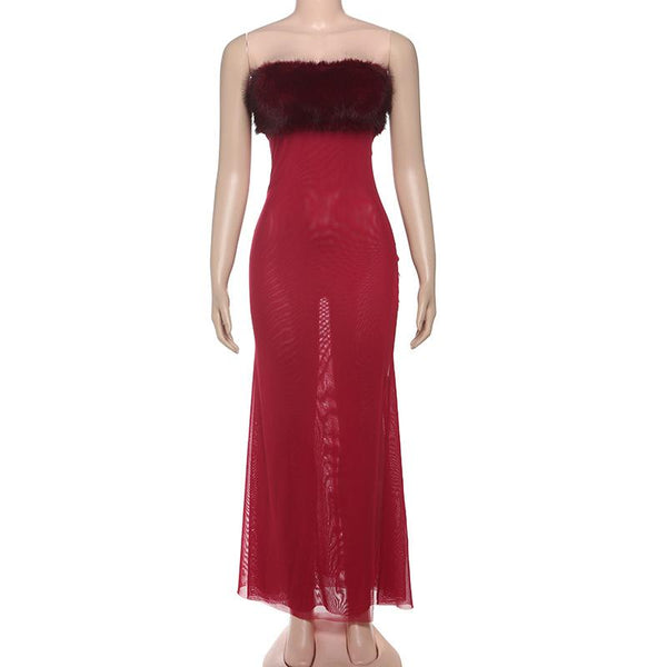 Robe longue tube dos nu en maille patchwork duveteuse 