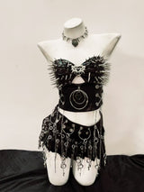 Hollow out o ring cross applique pleated A line mini skirt
