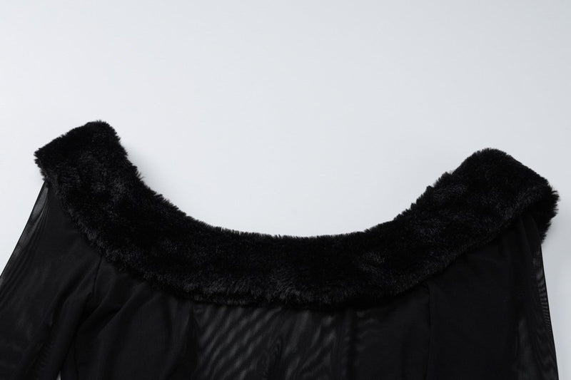 Minivestido de manga larga con cuello en U y malla esponjosa transparente 