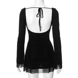 Long sleeve round neck self tie backless mini dress