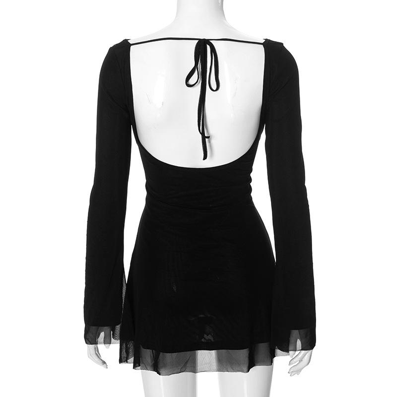 Long sleeve round neck self tie backless mini dress
