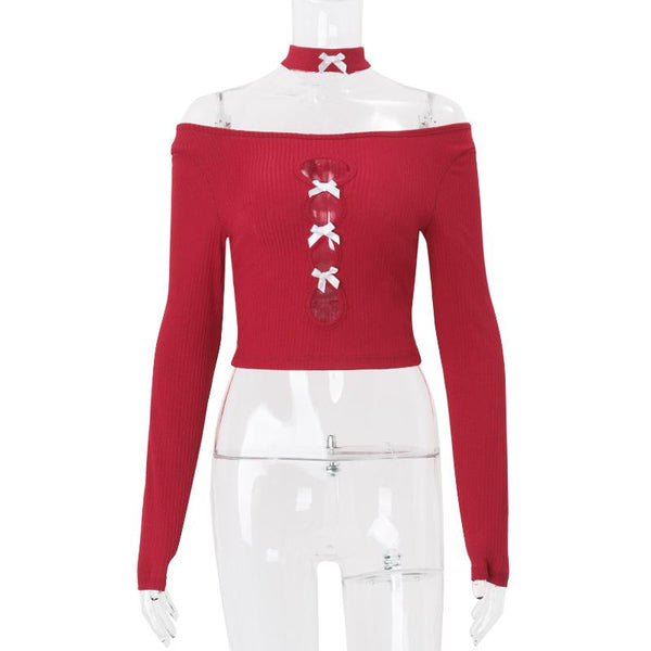 Long sleeve hollow out bowknot off shoulder top