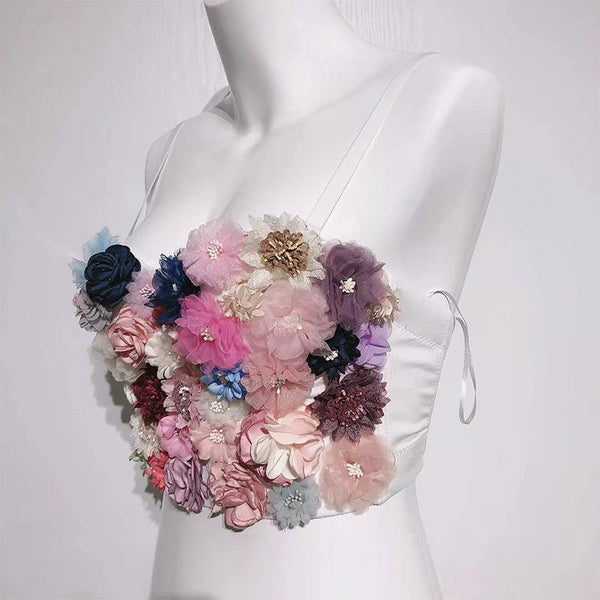 Haut caraco contrasté à col en V avec appliques florales 