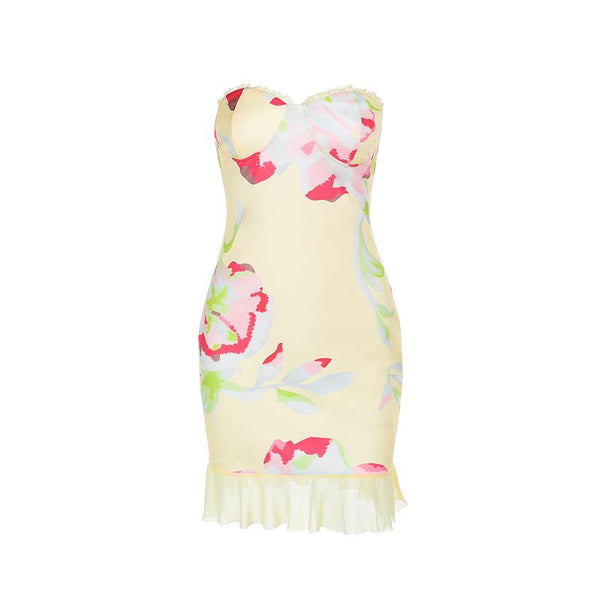 Vestido mini de tubo con escote corazón y estampado floral de malla 