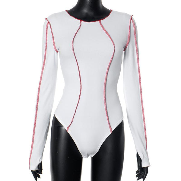 Body de cuello redondo con botones y costuras de manga larga con guantes 