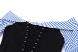 Long sleeve ruched striped off shoulder pant set