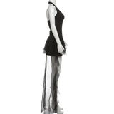 Halter hollow out ruffle mesh backless mini dress