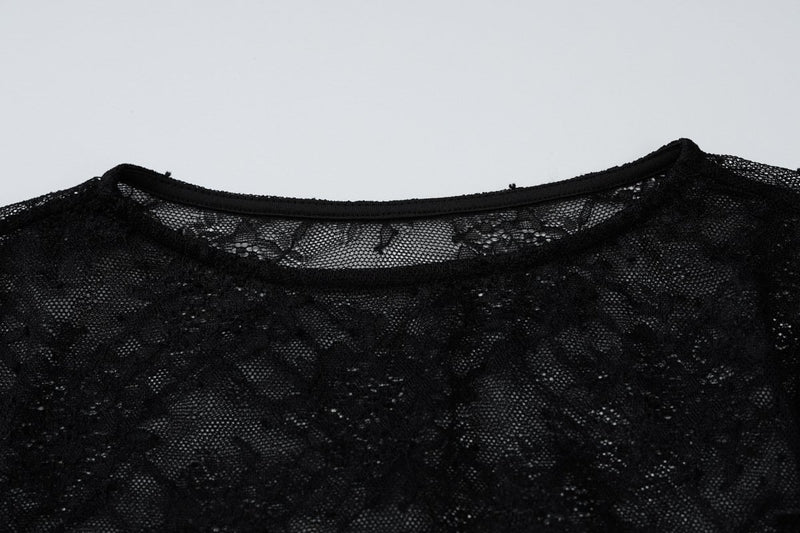 Top fruncido con cuello redondo, manga larga y encaje transparente 