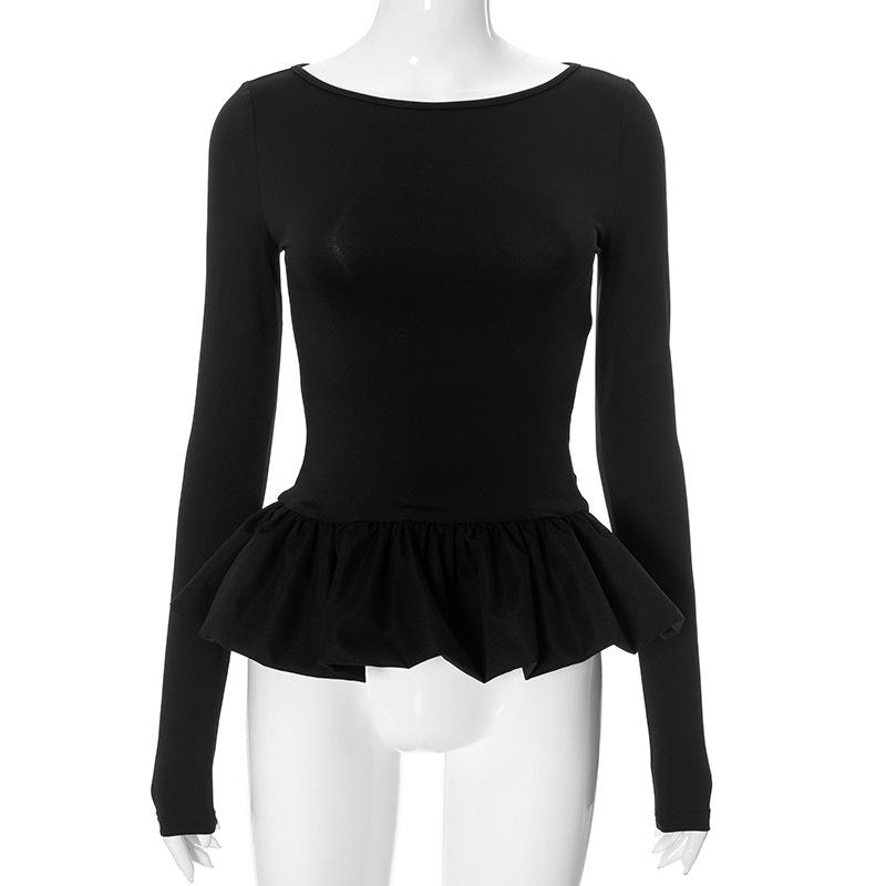 Ruched long sleeve round neck hollow out ruffle top