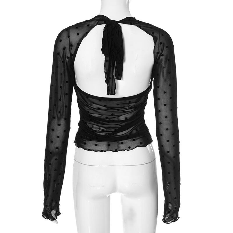 Long sleeve mesh polka dot ruffle solid top
