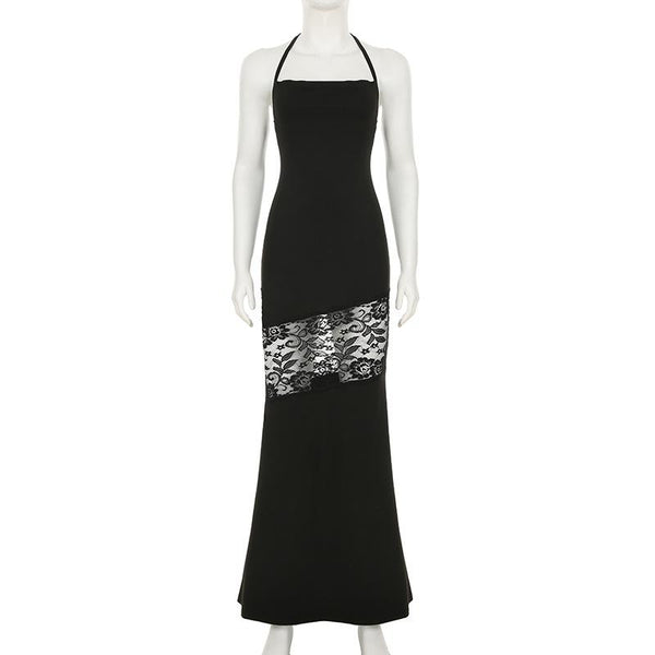 Vestido largo con escote cuadrado, cuello halter, abertura y encaje 