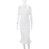 Vestido midi de tubo liso acanalado con volantes y hombros descubiertos 