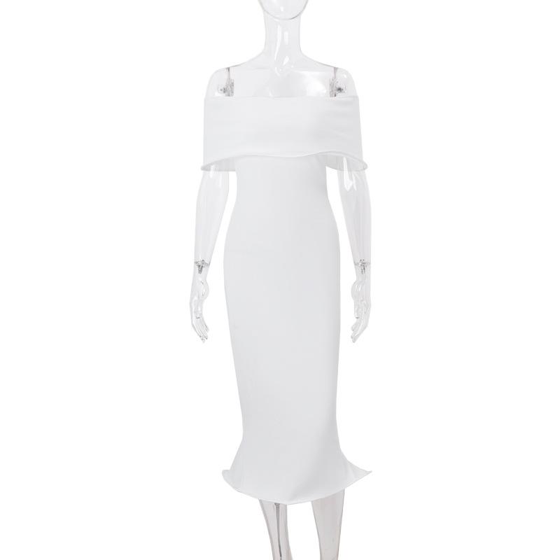 Vestido midi de tubo liso acanalado con volantes y hombros descubiertos 