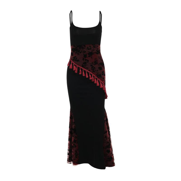 Robe midi dos nu à imprimé dentelle et col en U avec pompons 