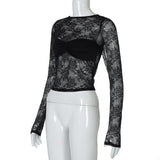 Top fruncido con cuello redondo, manga larga y encaje transparente 