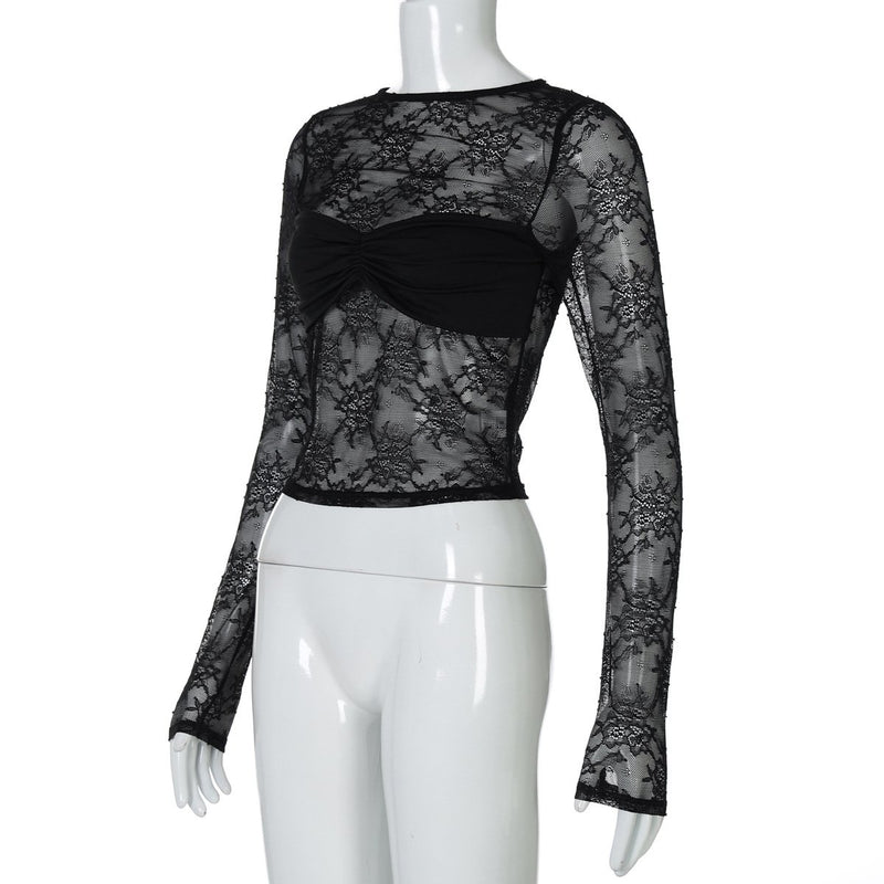 Top fruncido con cuello redondo, manga larga y encaje transparente 