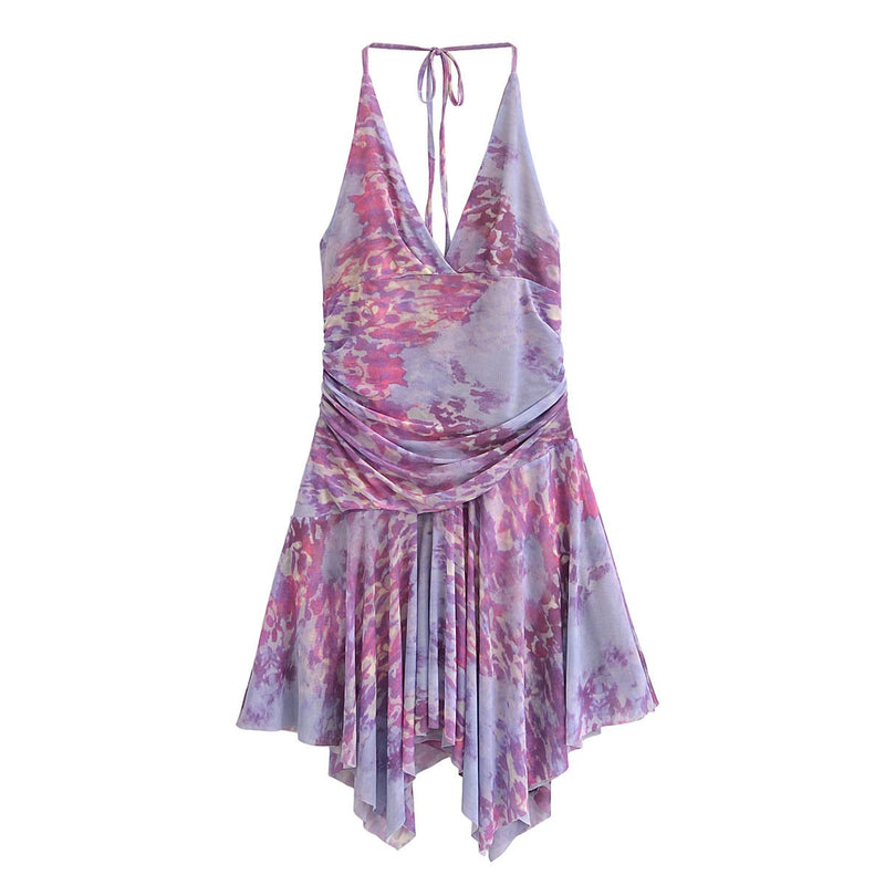 Mini-robe à col en V en maille imprimée froncée à nouer soi-même 