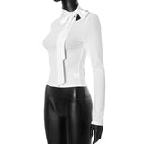 Hollow out bowknot self tie long sleeve solid top