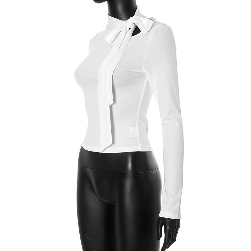 Hollow out bowknot self tie long sleeve solid top